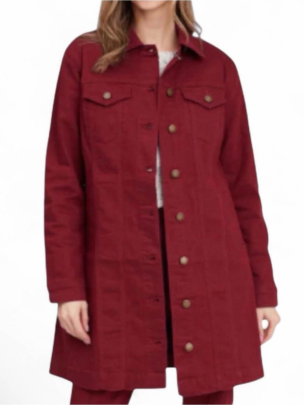 DG2 by Diane Gilman Women's Stretch Denim Longline Car Coat Cabernet size large